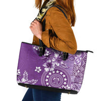 Cook Islands Leather Tote Bag Purple Hibiscus And Stars