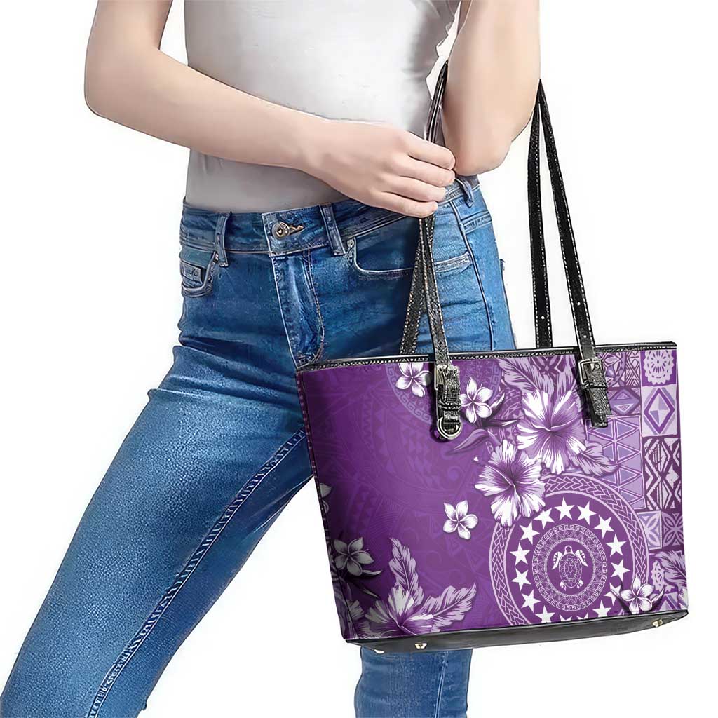 Cook Islands Leather Tote Bag Purple Hibiscus And Stars