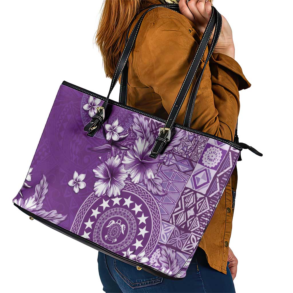 Cook Islands Leather Tote Bag Purple Hibiscus And Stars
