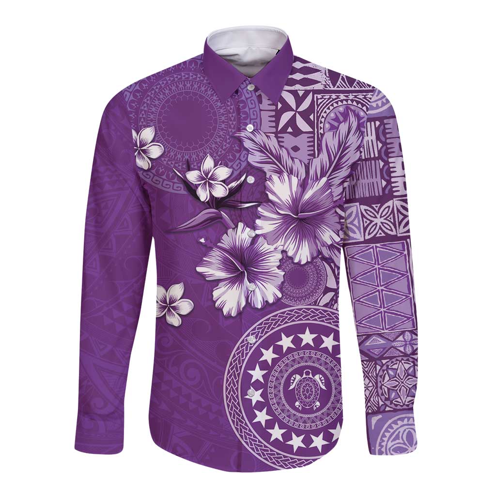 Cook Islands Long Sleeve Button Shirt Purple Hibiscus And Stars
