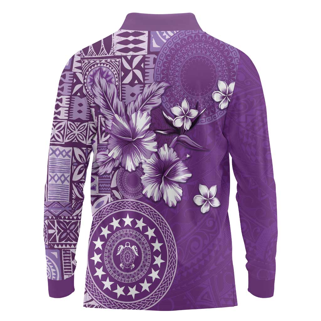 Cook Islands Long Sleeve Polo Shirt Purple Hibiscus And Stars