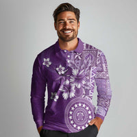 Cook Islands Long Sleeve Polo Shirt Purple Hibiscus And Stars