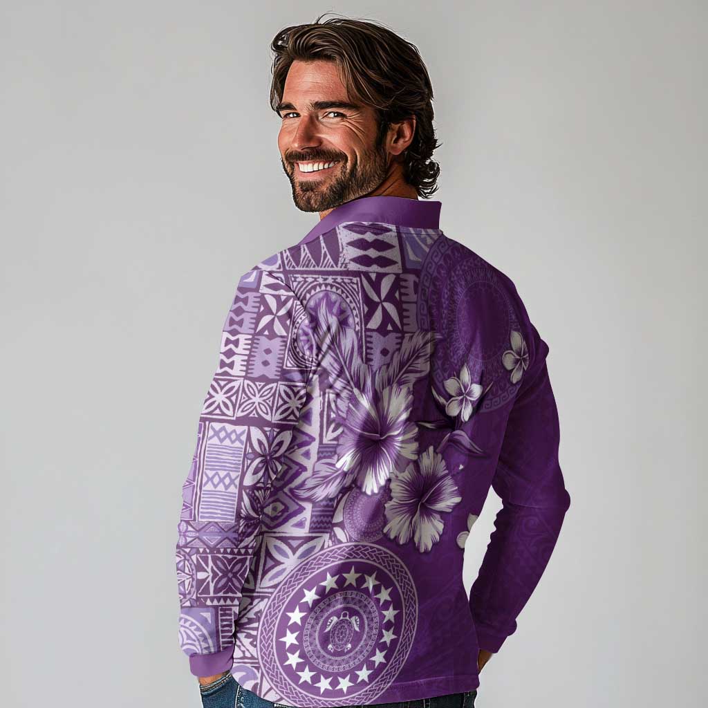 Cook Islands Long Sleeve Polo Shirt Purple Hibiscus And Stars