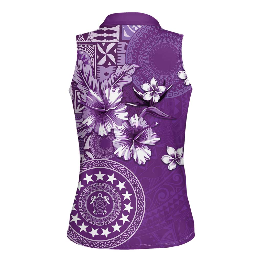 Cook Islands Women Sleeveless Polo Shirt Purple Hibiscus And Stars
