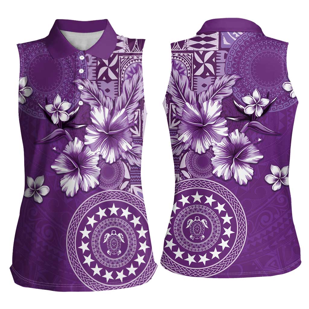 Cook Islands Women Sleeveless Polo Shirt Purple Hibiscus And Stars