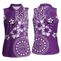 Cook Islands Women Sleeveless Polo Shirt Purple Hibiscus And Stars