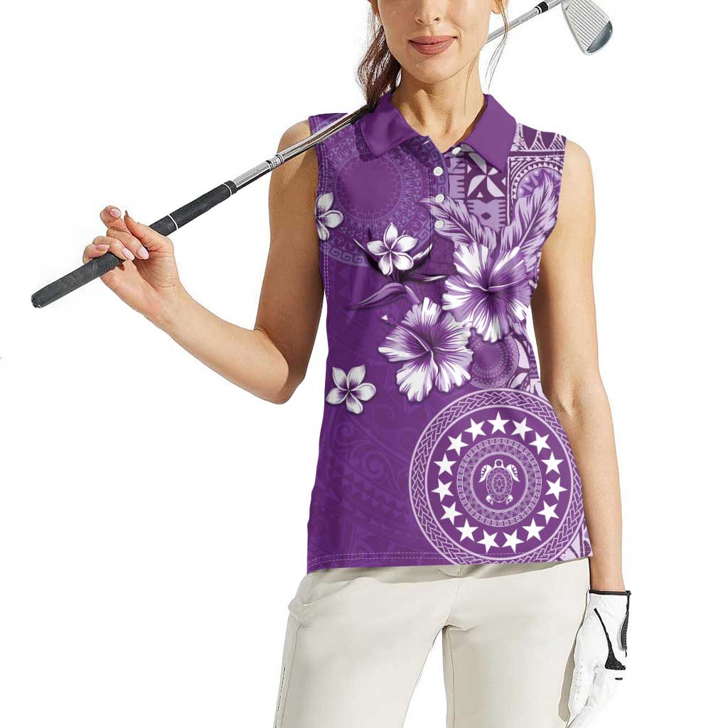 Cook Islands Women Sleeveless Polo Shirt Purple Hibiscus And Stars