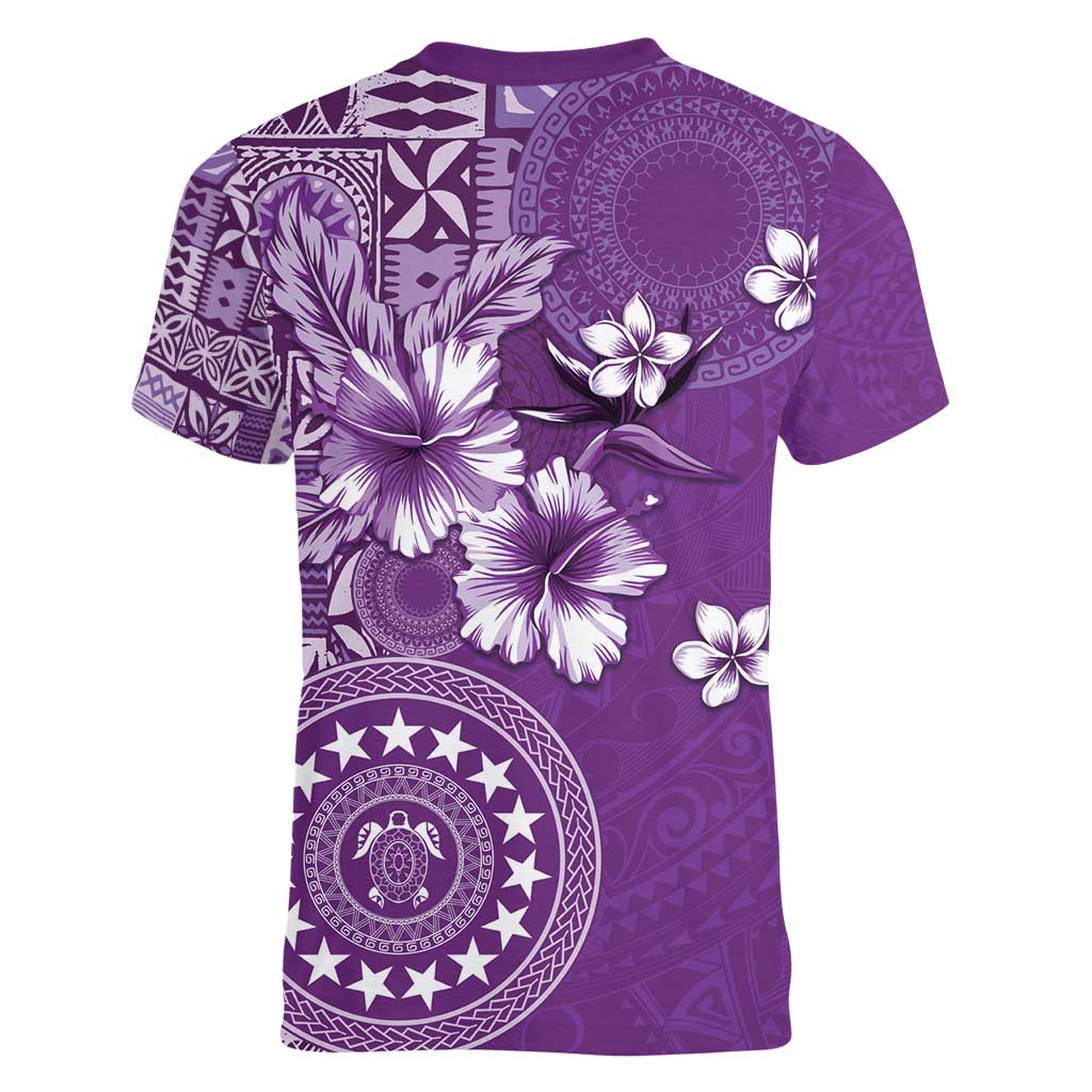 Cook Islands Women V-Neck T-Shirt Purple Hibiscus And Stars