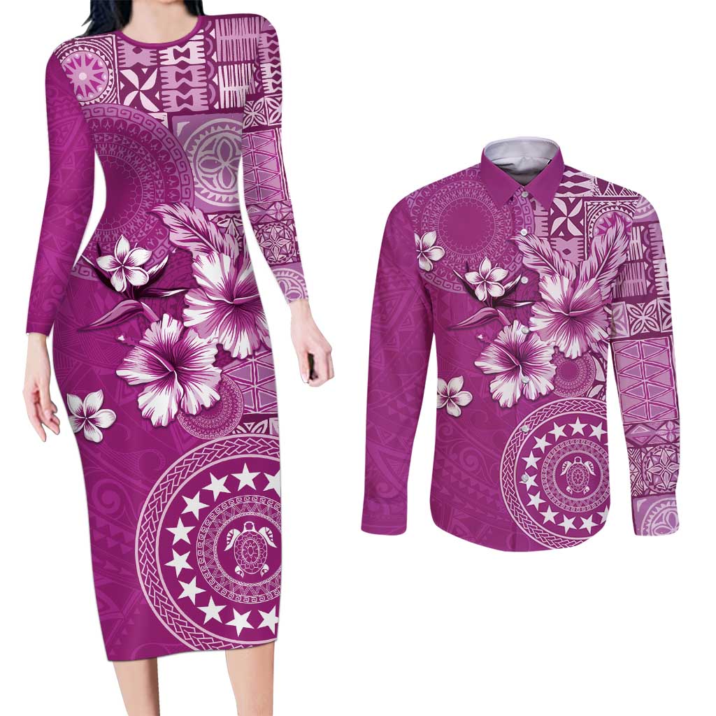 Cook Islands Couples Matching Long Sleeve Bodycon Dress and Long Sleeve Button Shirt Fandango Hibiscus And Stars