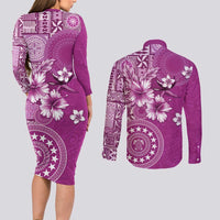 Cook Islands Couples Matching Long Sleeve Bodycon Dress and Long Sleeve Button Shirt Fandango Hibiscus And Stars
