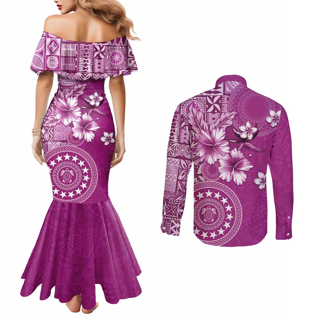 Cook Islands Couples Matching Mermaid Dress and Long Sleeve Button Shirt Fandango Hibiscus And Stars