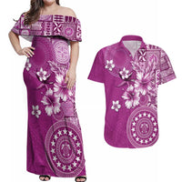 Cook Islands Couples Matching Off Shoulder Maxi Dress and Hawaiian Shirt Fandango Hibiscus And Stars