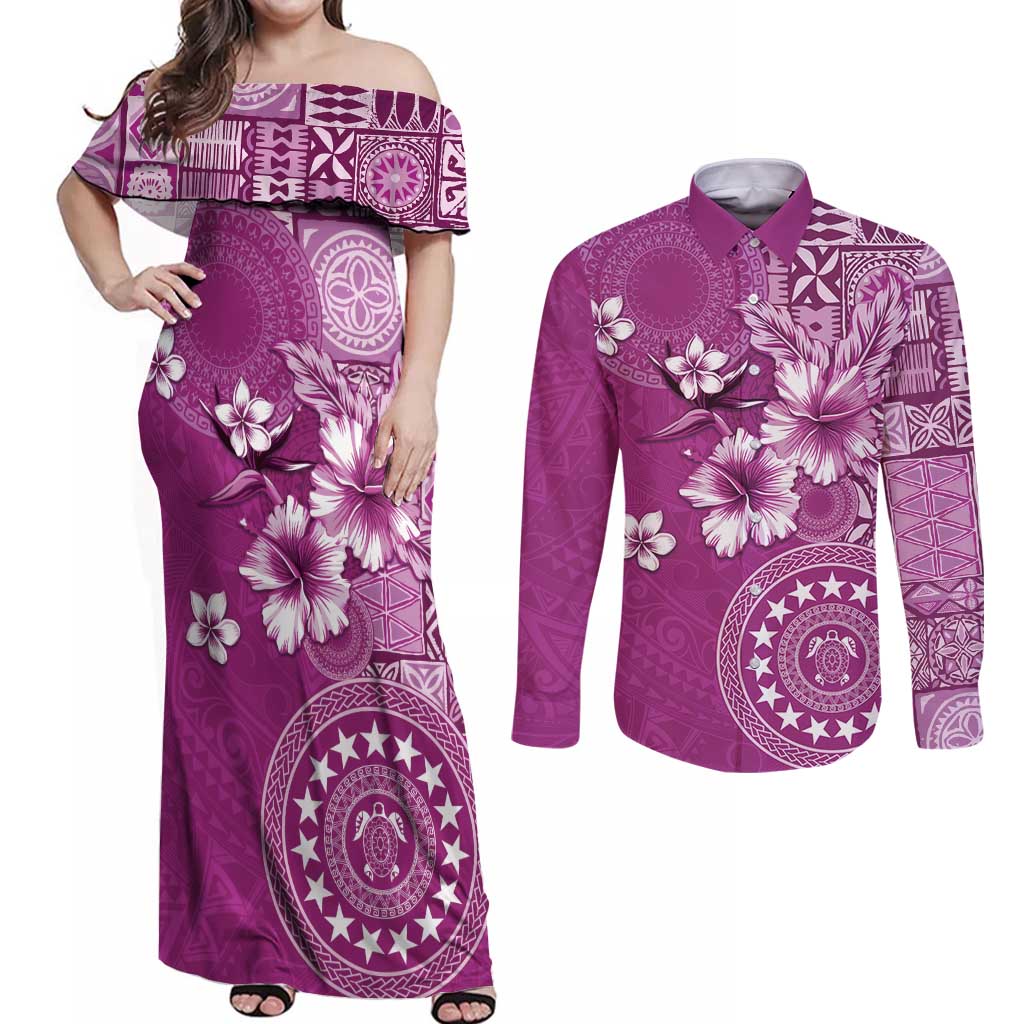 Cook Islands Couples Matching Off Shoulder Maxi Dress and Long Sleeve Button Shirt Fandango Hibiscus And Stars