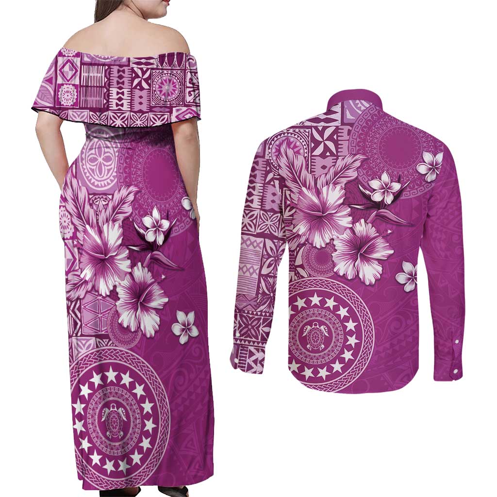 Cook Islands Couples Matching Off Shoulder Maxi Dress and Long Sleeve Button Shirt Fandango Hibiscus And Stars