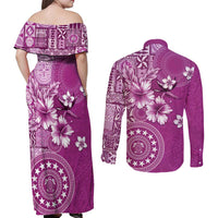 Cook Islands Couples Matching Off Shoulder Maxi Dress and Long Sleeve Button Shirt Fandango Hibiscus And Stars