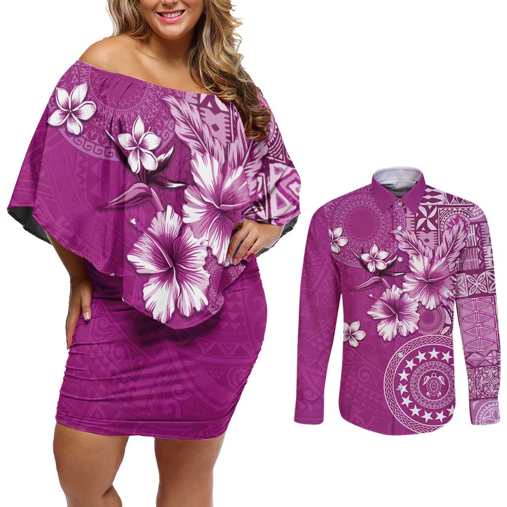 Cook Islands Couples Matching Off Shoulder Short Dress and Long Sleeve Button Shirt Fandango Hibiscus And Stars