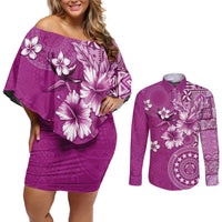 Cook Islands Couples Matching Off Shoulder Short Dress and Long Sleeve Button Shirt Fandango Hibiscus And Stars