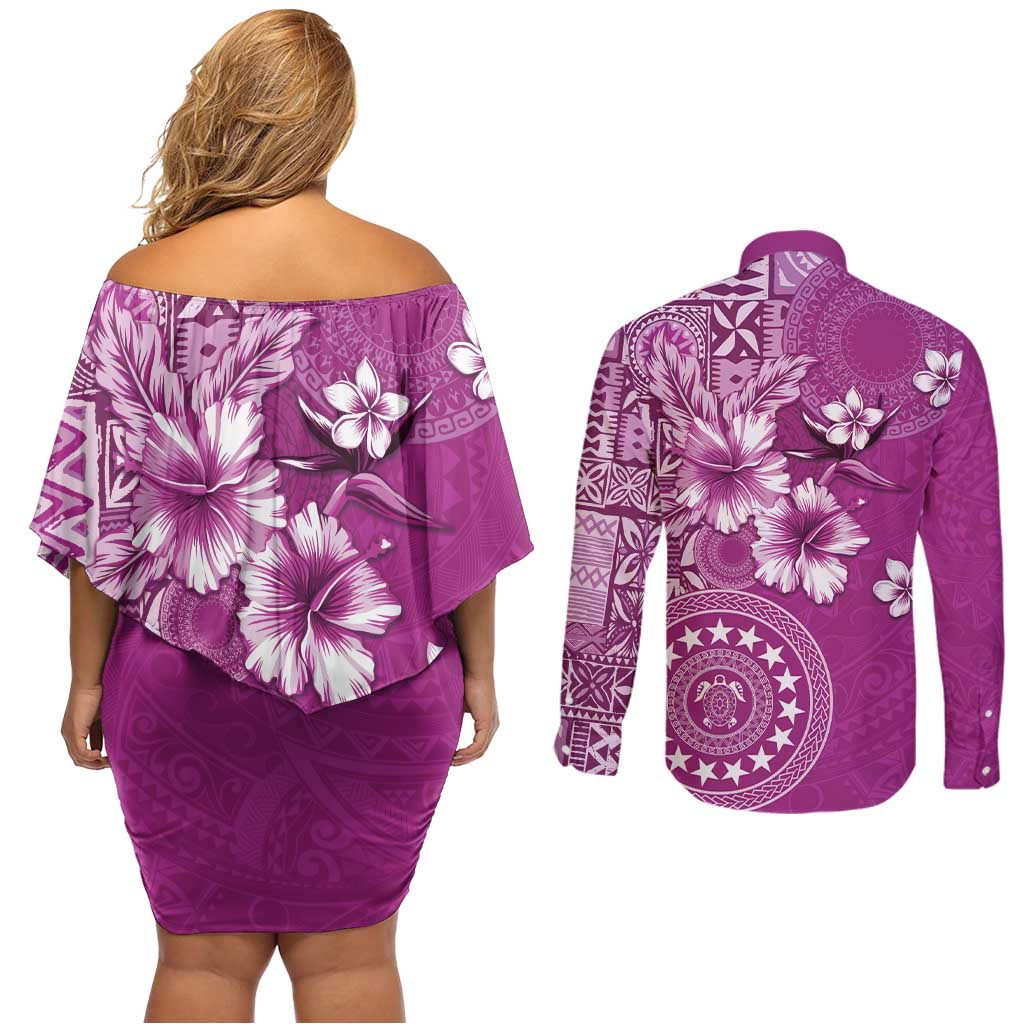 Cook Islands Couples Matching Off Shoulder Short Dress and Long Sleeve Button Shirt Fandango Hibiscus And Stars