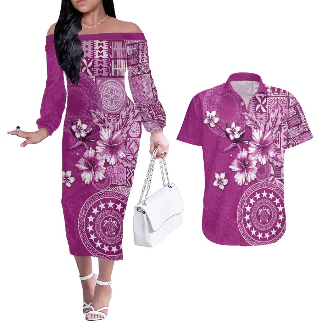 Cook Islands Couples Matching Off The Shoulder Long Sleeve Dress and Hawaiian Shirt Fandango Hibiscus And Stars