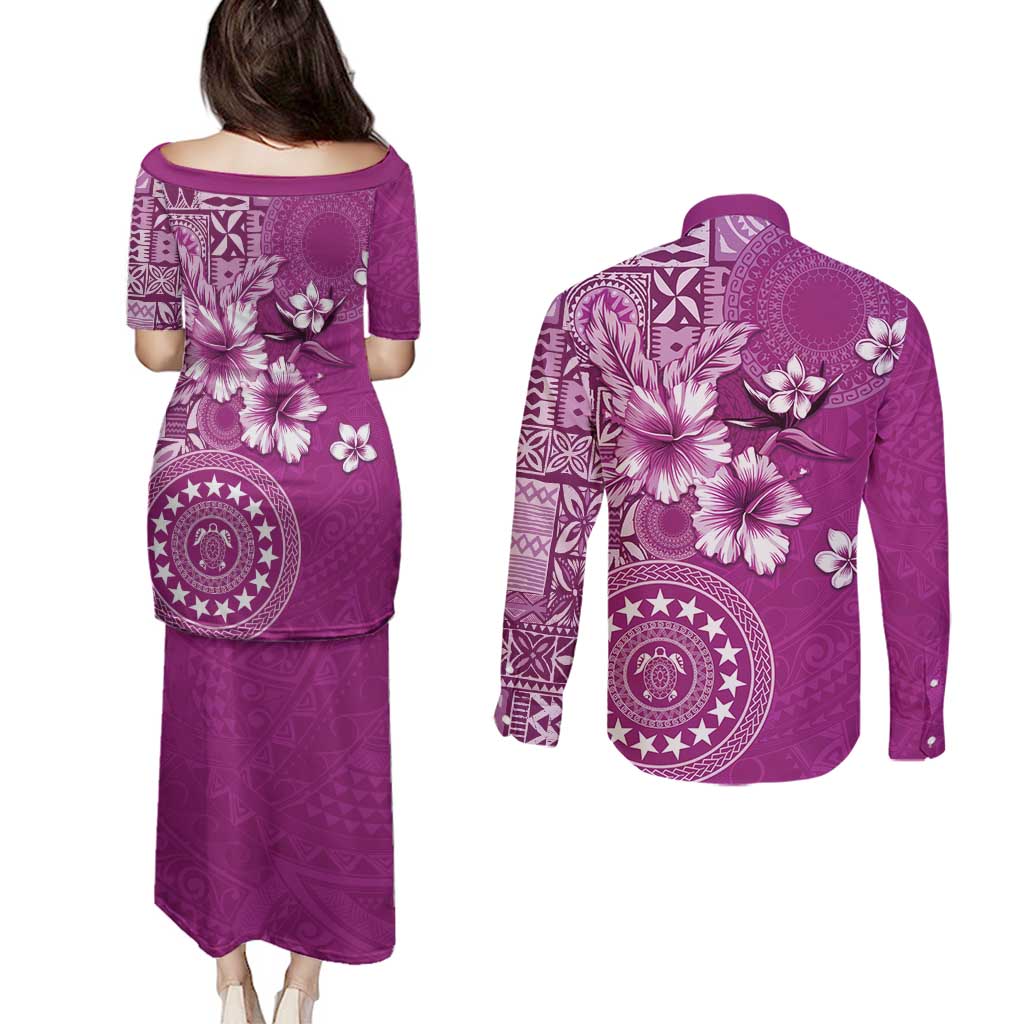 Cook Islands Couples Matching Puletasi and Long Sleeve Button Shirt Fandango Hibiscus And Stars