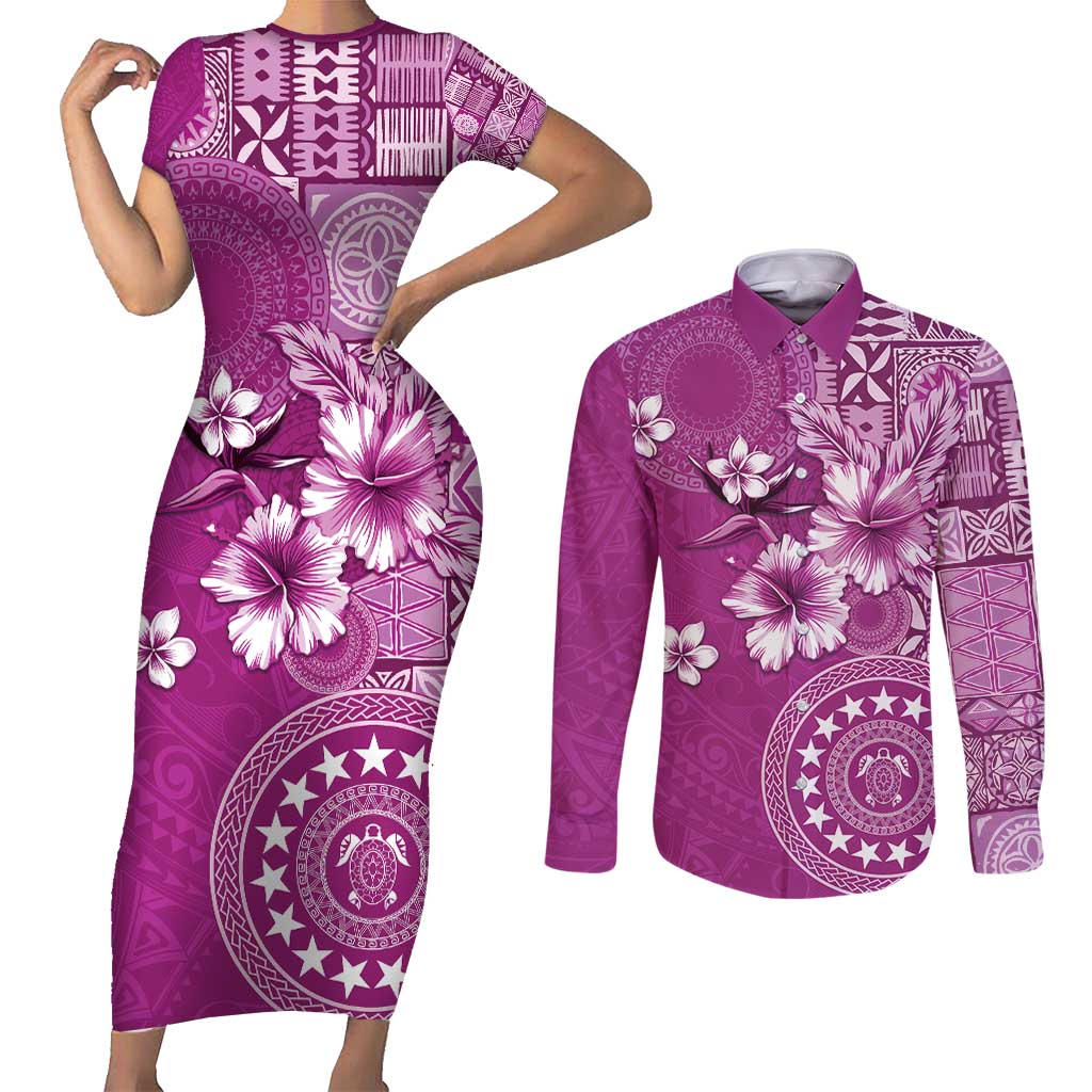 Cook Islands Couples Matching Short Sleeve Bodycon Dress and Long Sleeve Button Shirt Fandango Hibiscus And Stars