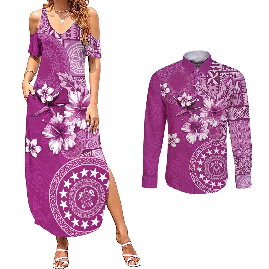 Cook Islands Couples Matching Summer Maxi Dress and Long Sleeve Button Shirt Fandango Hibiscus And Stars