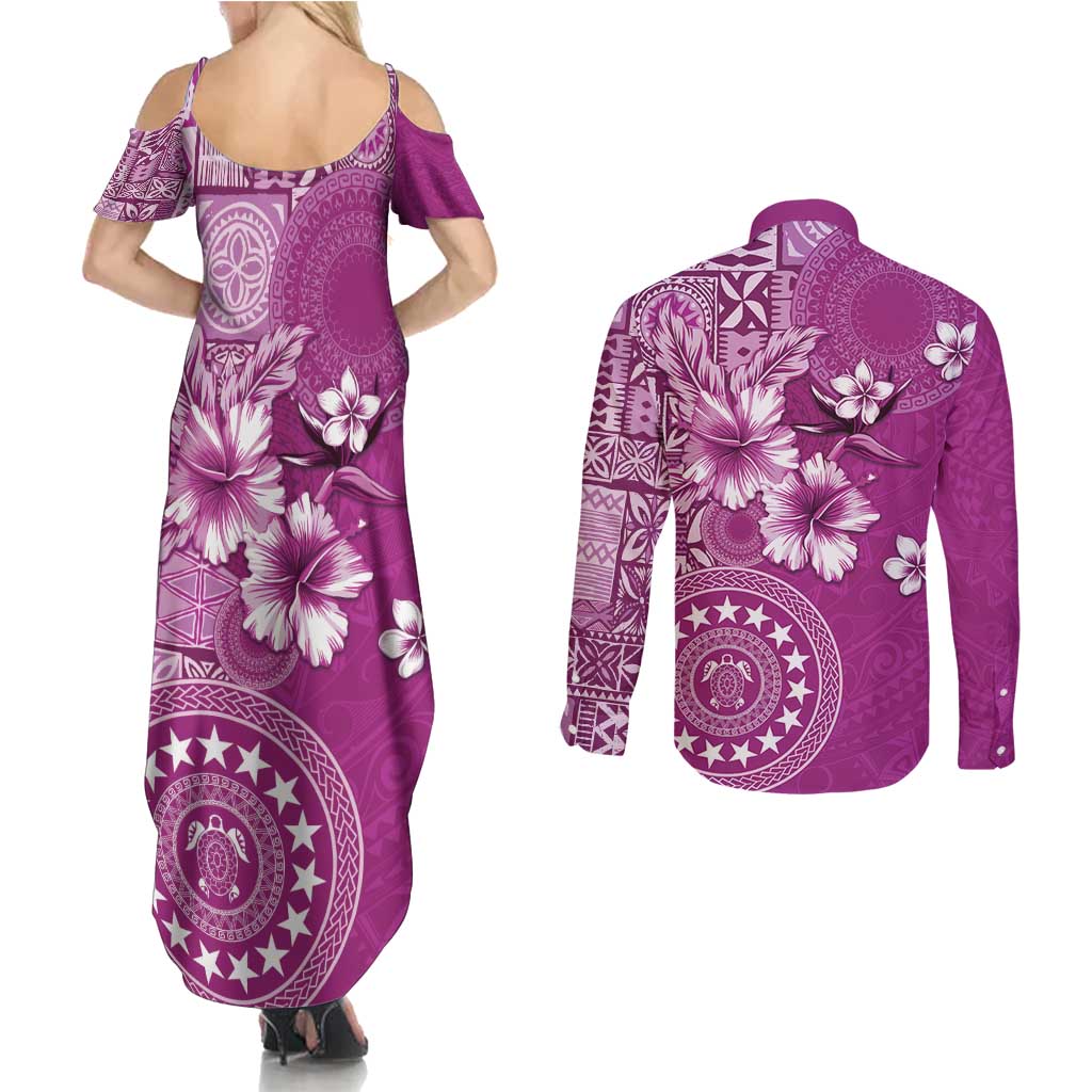 Cook Islands Couples Matching Summer Maxi Dress and Long Sleeve Button Shirt Fandango Hibiscus And Stars