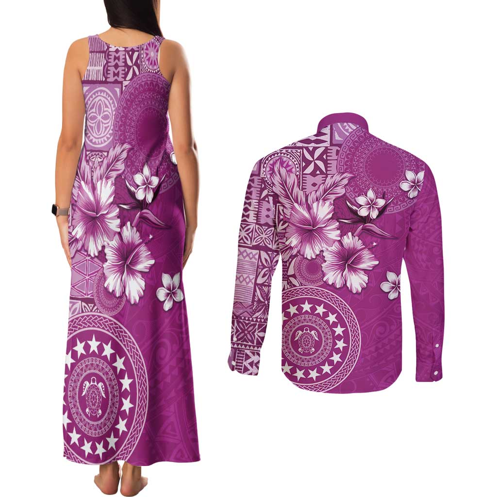 Cook Islands Couples Matching Tank Maxi Dress and Long Sleeve Button Shirt Fandango Hibiscus And Stars