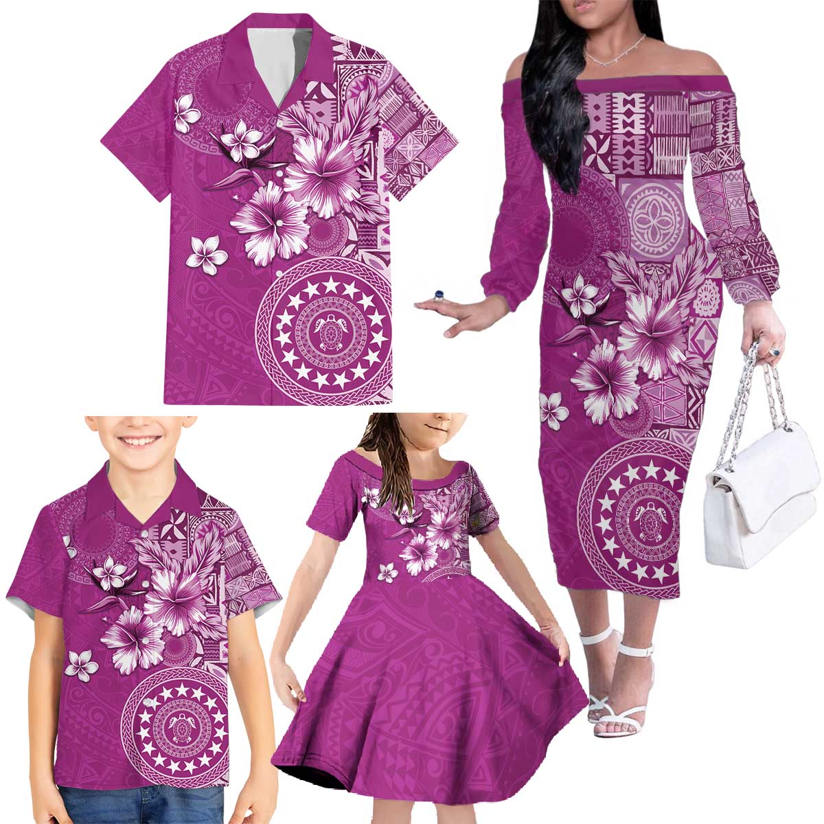 Cook Islands Family Matching Off The Shoulder Long Sleeve Dress and Hawaiian Shirt Fandango Hibiscus And Stars