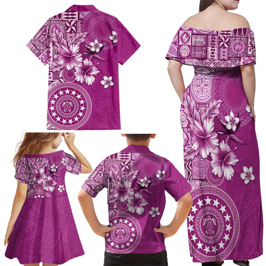 Cook Islands Family Matching Off Shoulder Maxi Dress and Hawaiian Shirt Fandango Hibiscus And Stars