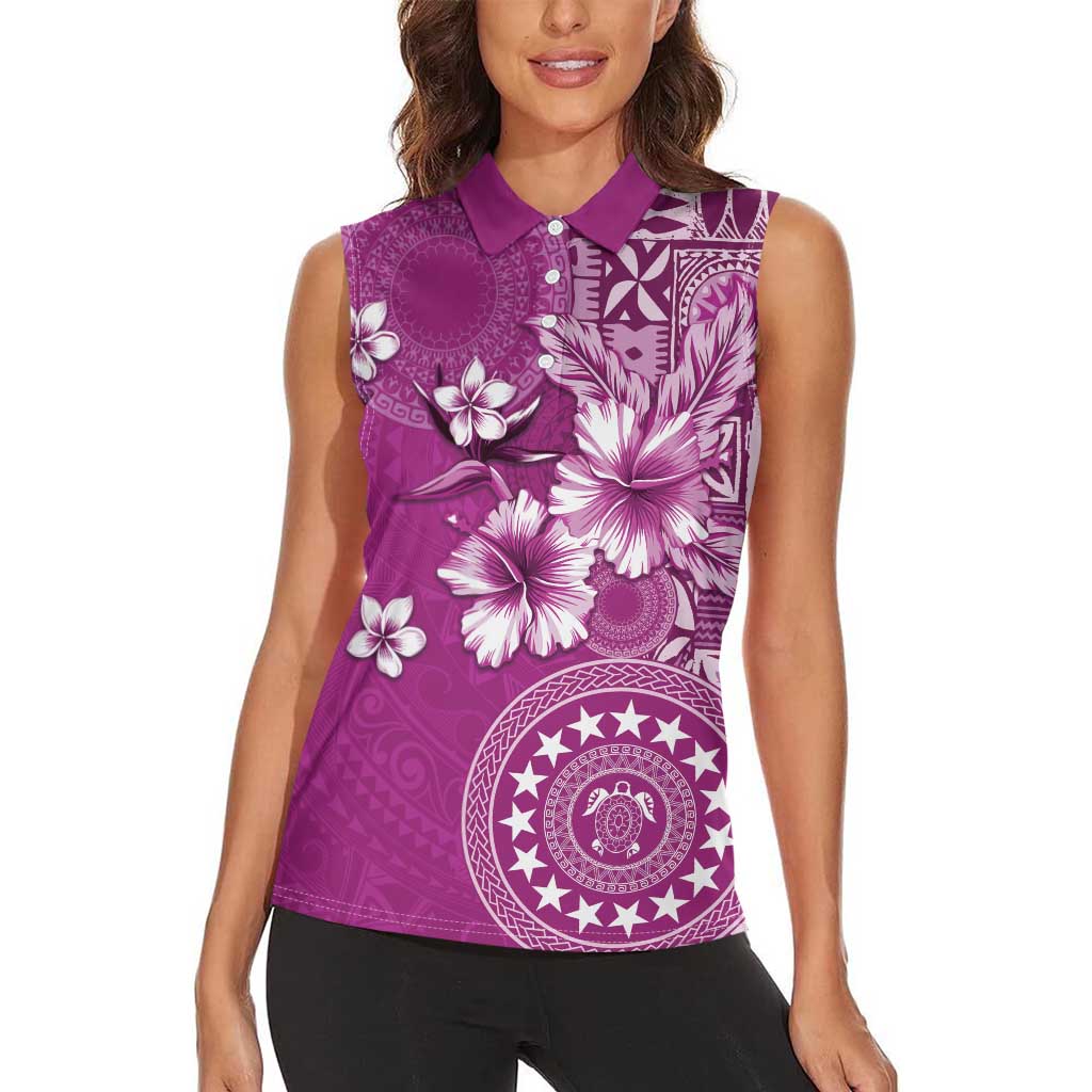 Cook Islands Women Sleeveless Polo Shirt Fandango Hibiscus And Stars