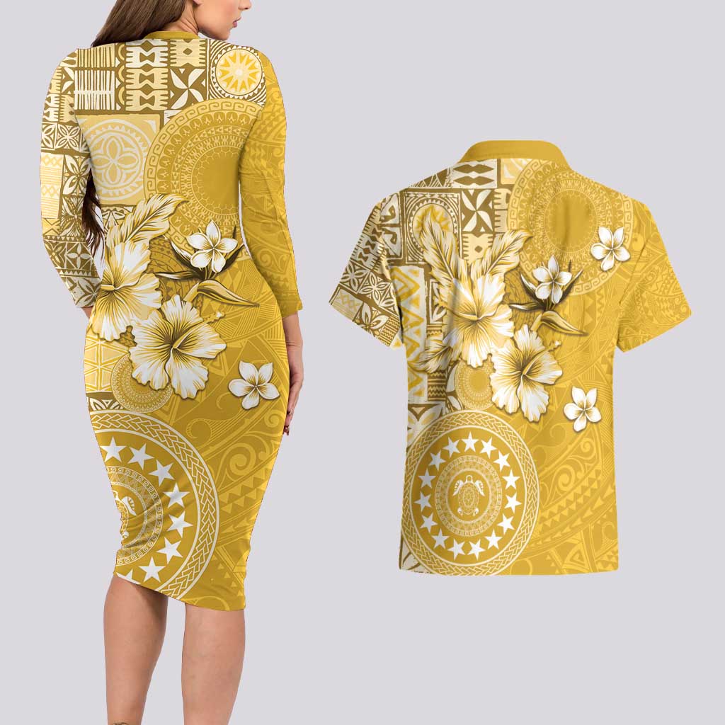 Cook Islands Couples Matching Long Sleeve Bodycon Dress and Hawaiian Shirt Yellow Hibiscus And Stars