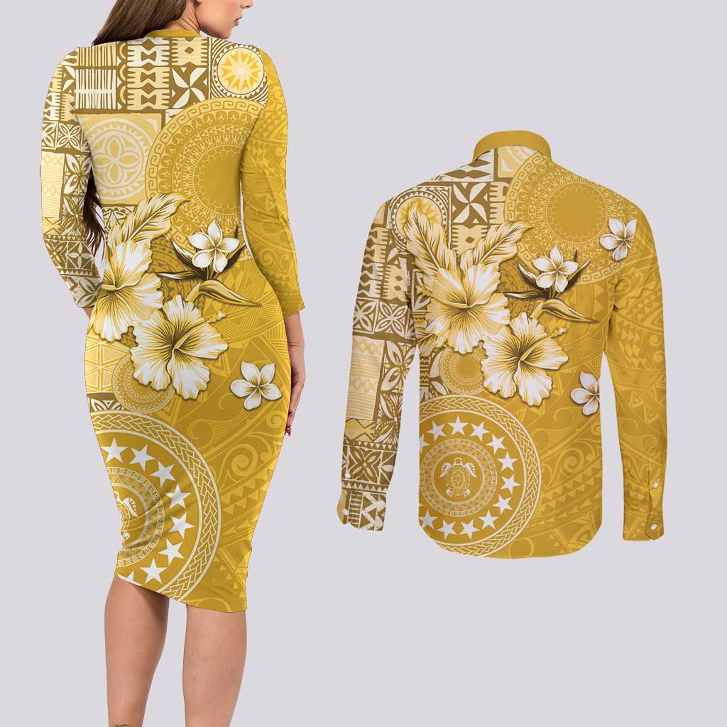 Cook Islands Couples Matching Long Sleeve Bodycon Dress and Long Sleeve Button Shirt Yellow Hibiscus And Stars
