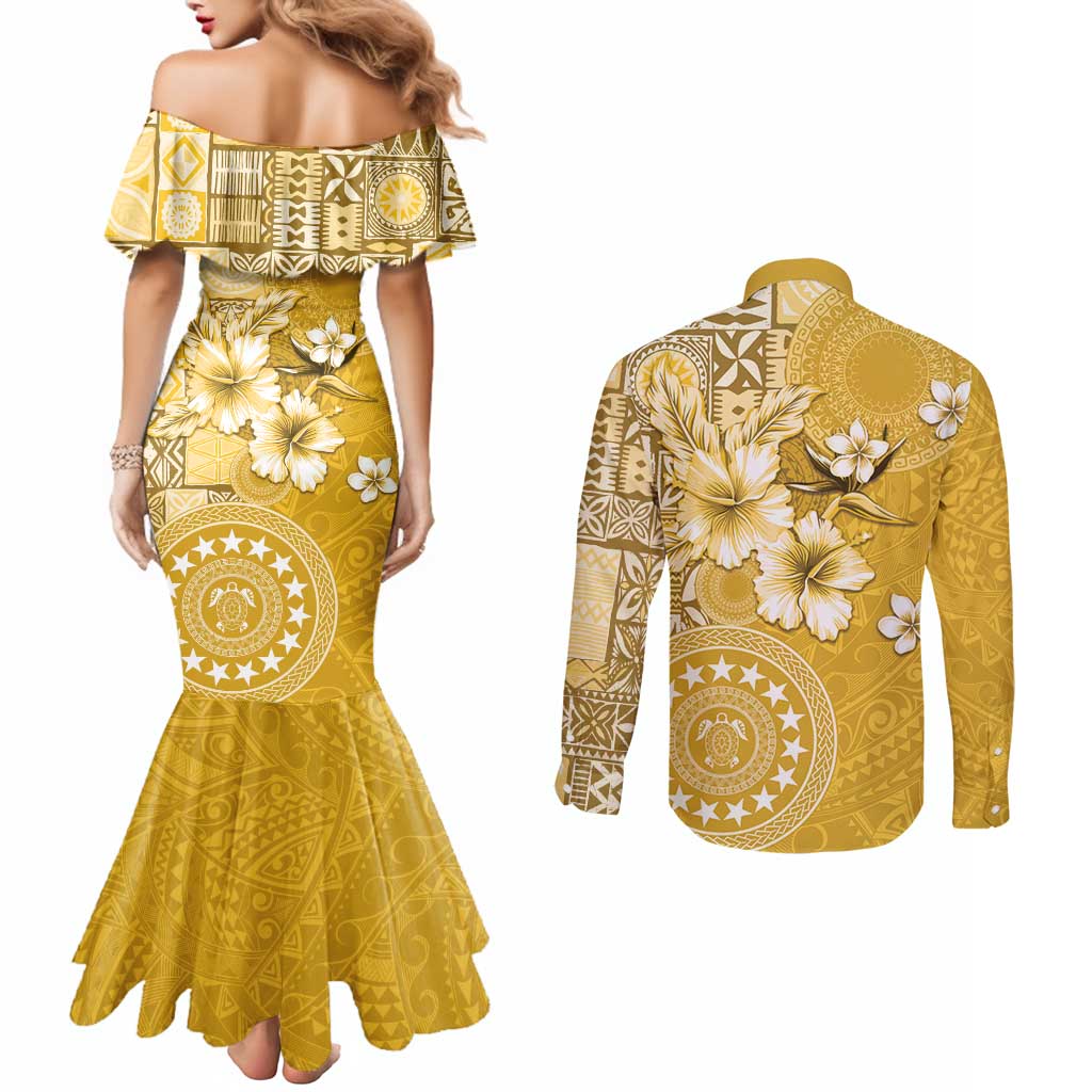 Cook Islands Couples Matching Mermaid Dress and Long Sleeve Button Shirt Yellow Hibiscus And Stars