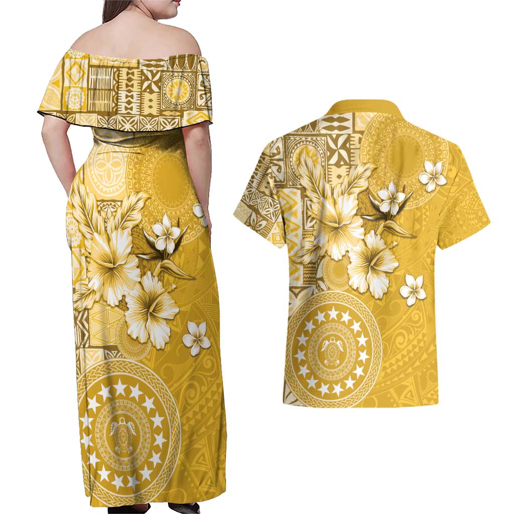 Cook Islands Couples Matching Off Shoulder Maxi Dress and Hawaiian Shirt Yellow Hibiscus And Stars