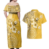 Cook Islands Couples Matching Off Shoulder Maxi Dress and Hawaiian Shirt Yellow Hibiscus And Stars