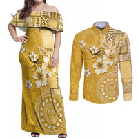 Cook Islands Couples Matching Off Shoulder Maxi Dress and Long Sleeve Button Shirt Yellow Hibiscus And Stars