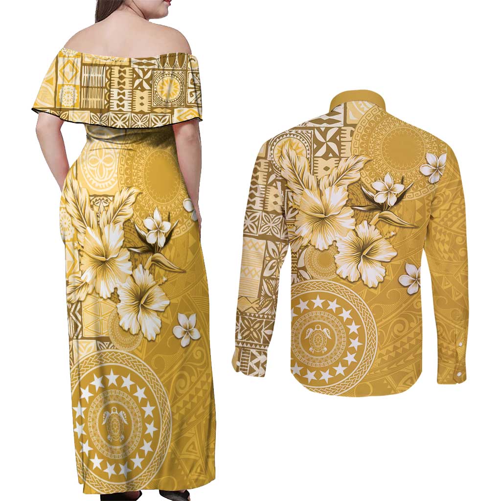 Cook Islands Couples Matching Off Shoulder Maxi Dress and Long Sleeve Button Shirt Yellow Hibiscus And Stars