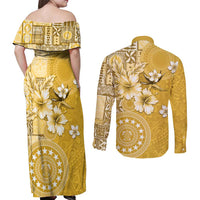 Cook Islands Couples Matching Off Shoulder Maxi Dress and Long Sleeve Button Shirt Yellow Hibiscus And Stars