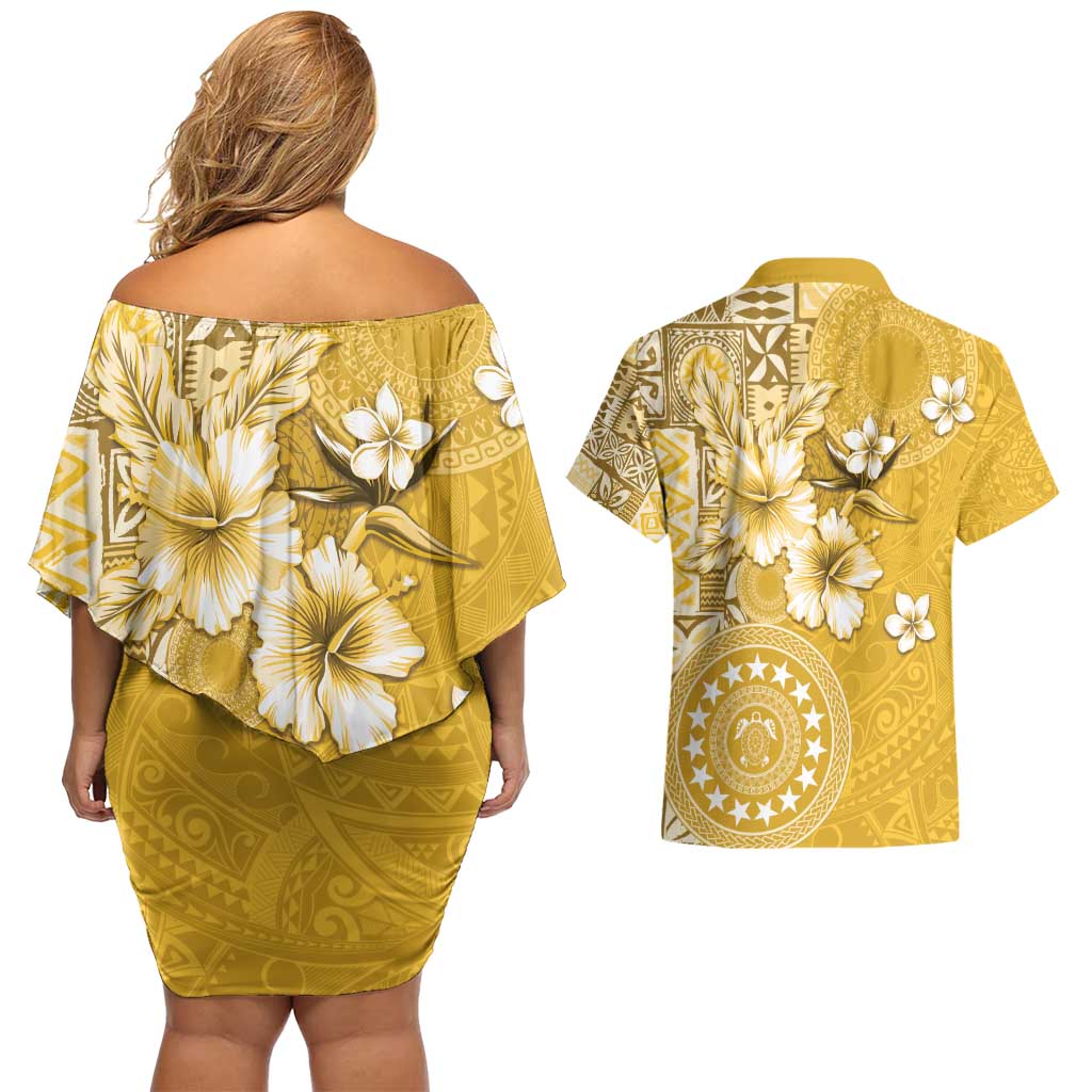 Cook Islands Couples Matching Off Shoulder Short Dress and Hawaiian Shirt Yellow Hibiscus And Stars