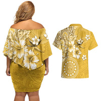 Cook Islands Couples Matching Off Shoulder Short Dress and Hawaiian Shirt Yellow Hibiscus And Stars