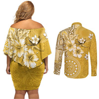 Cook Islands Couples Matching Off Shoulder Short Dress and Long Sleeve Button Shirt Yellow Hibiscus And Stars