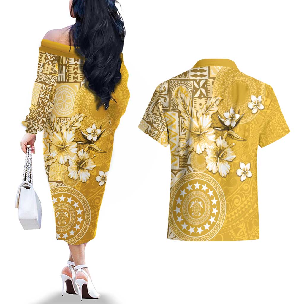 Cook Islands Couples Matching Off The Shoulder Long Sleeve Dress and Hawaiian Shirt Yellow Hibiscus And Stars