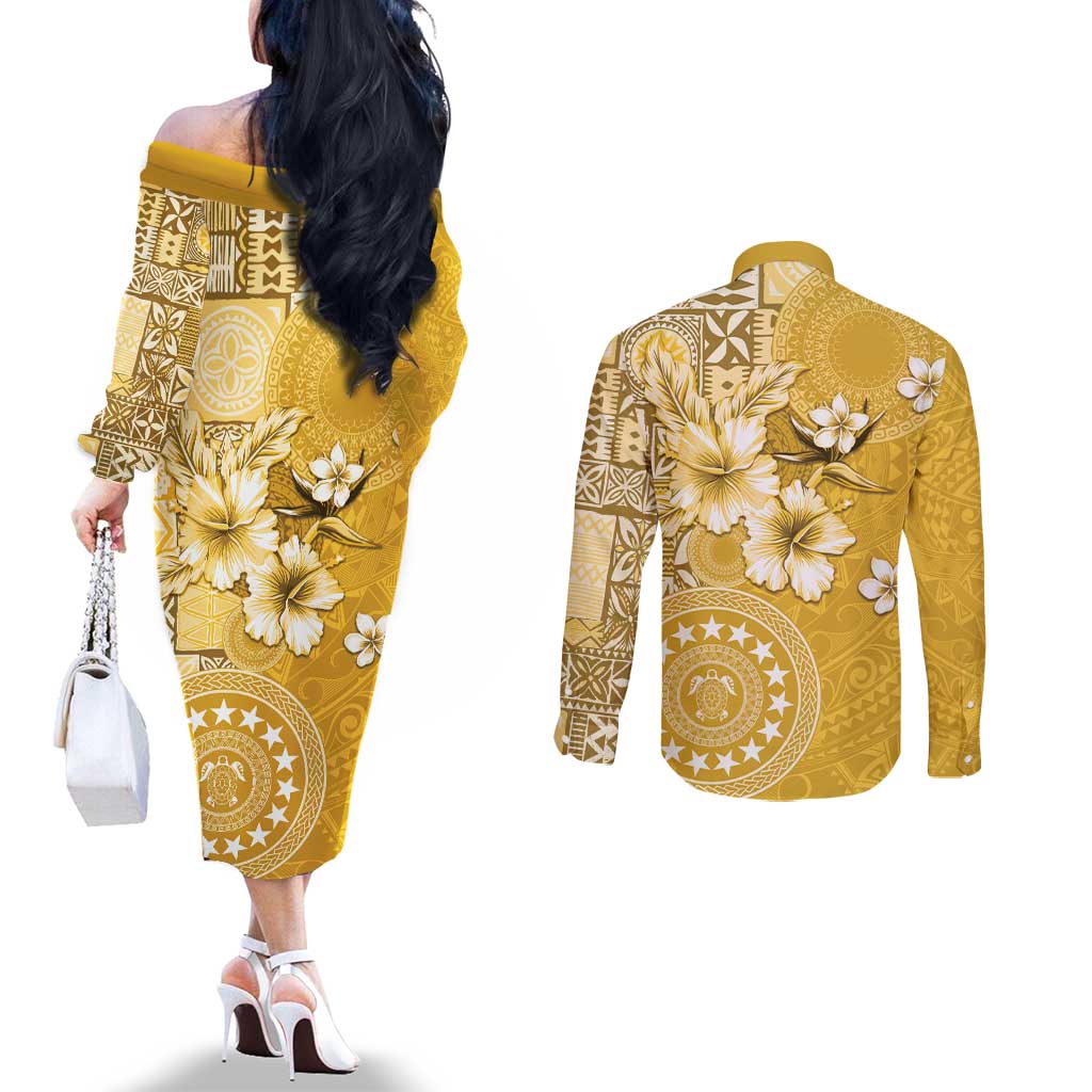 Cook Islands Couples Matching Off The Shoulder Long Sleeve Dress and Long Sleeve Button Shirt Yellow Hibiscus And Stars