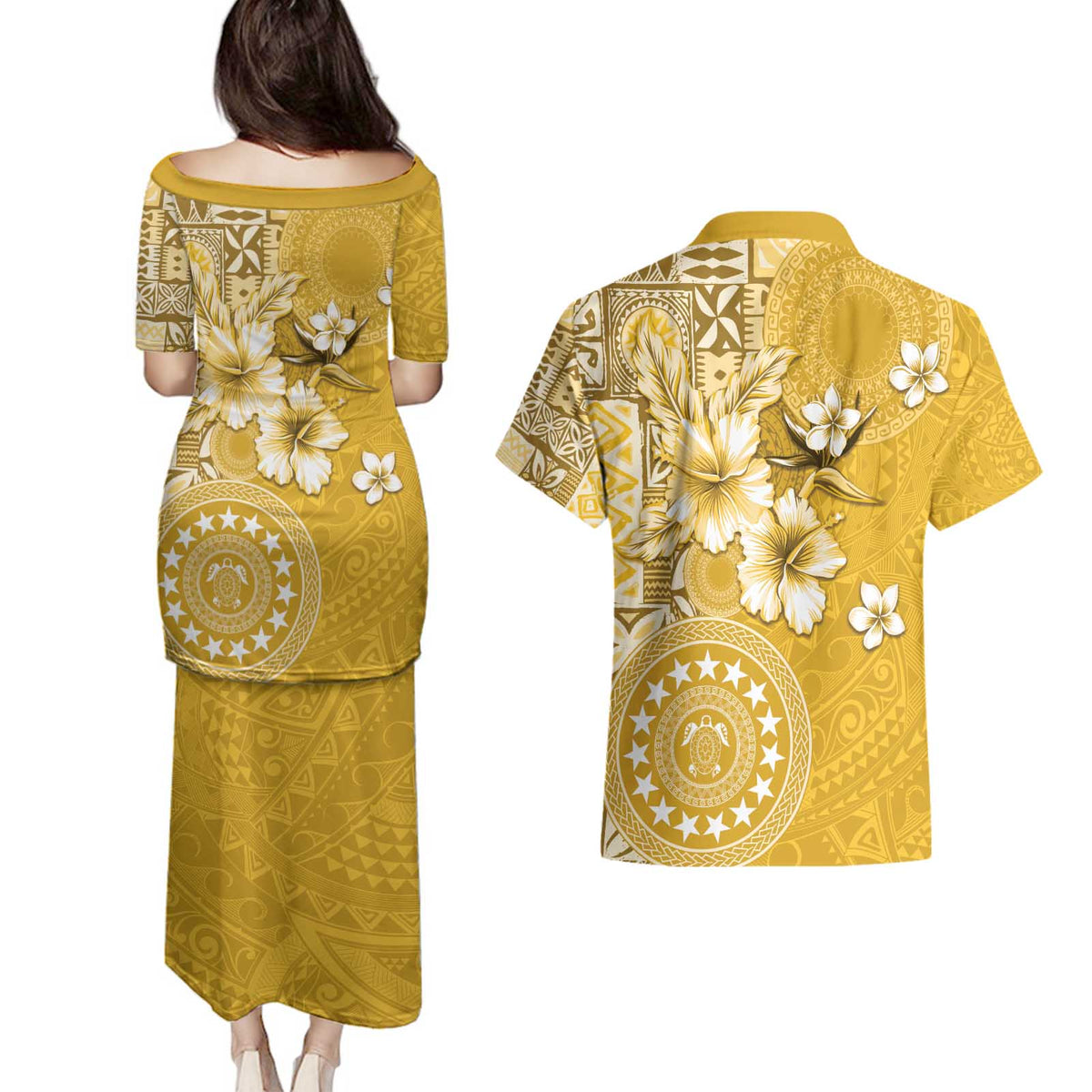 Cook Islands Couples Matching Puletasi and Hawaiian Shirt Yellow Hibiscus And Stars