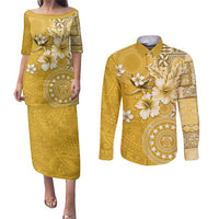 Cook Islands Couples Matching Puletasi and Long Sleeve Button Shirt Yellow Hibiscus And Stars