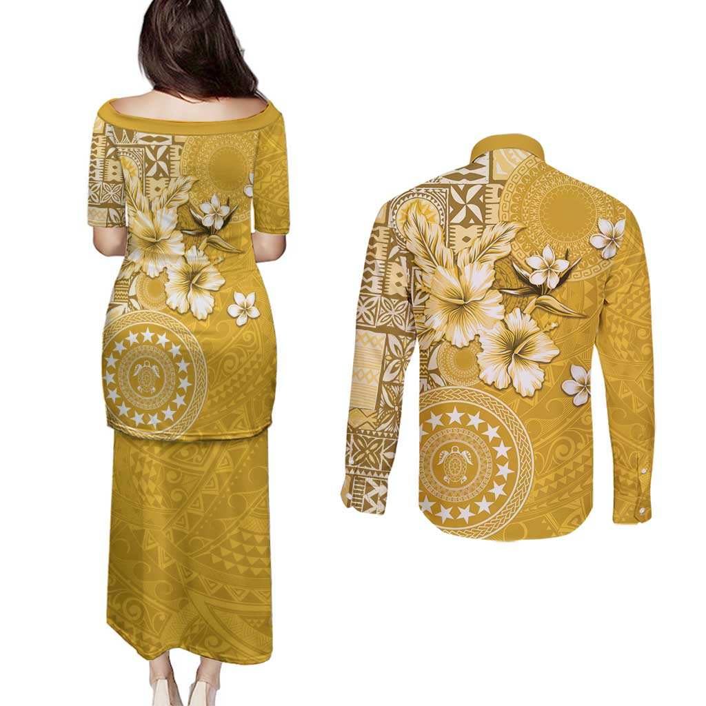 Cook Islands Couples Matching Puletasi and Long Sleeve Button Shirt Yellow Hibiscus And Stars