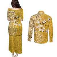 Cook Islands Couples Matching Puletasi and Long Sleeve Button Shirt Yellow Hibiscus And Stars