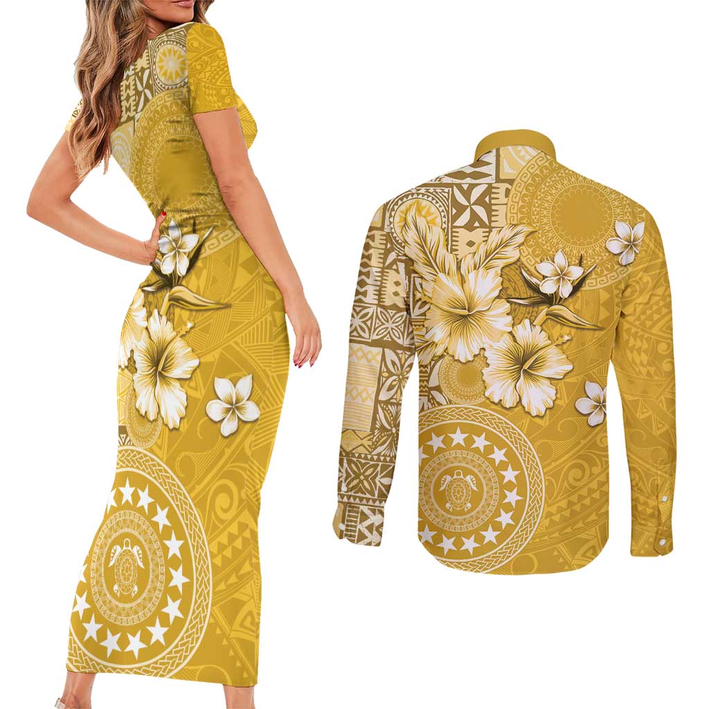 Cook Islands Couples Matching Short Sleeve Bodycon Dress and Long Sleeve Button Shirt Yellow Hibiscus And Stars