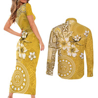 Cook Islands Couples Matching Short Sleeve Bodycon Dress and Long Sleeve Button Shirt Yellow Hibiscus And Stars